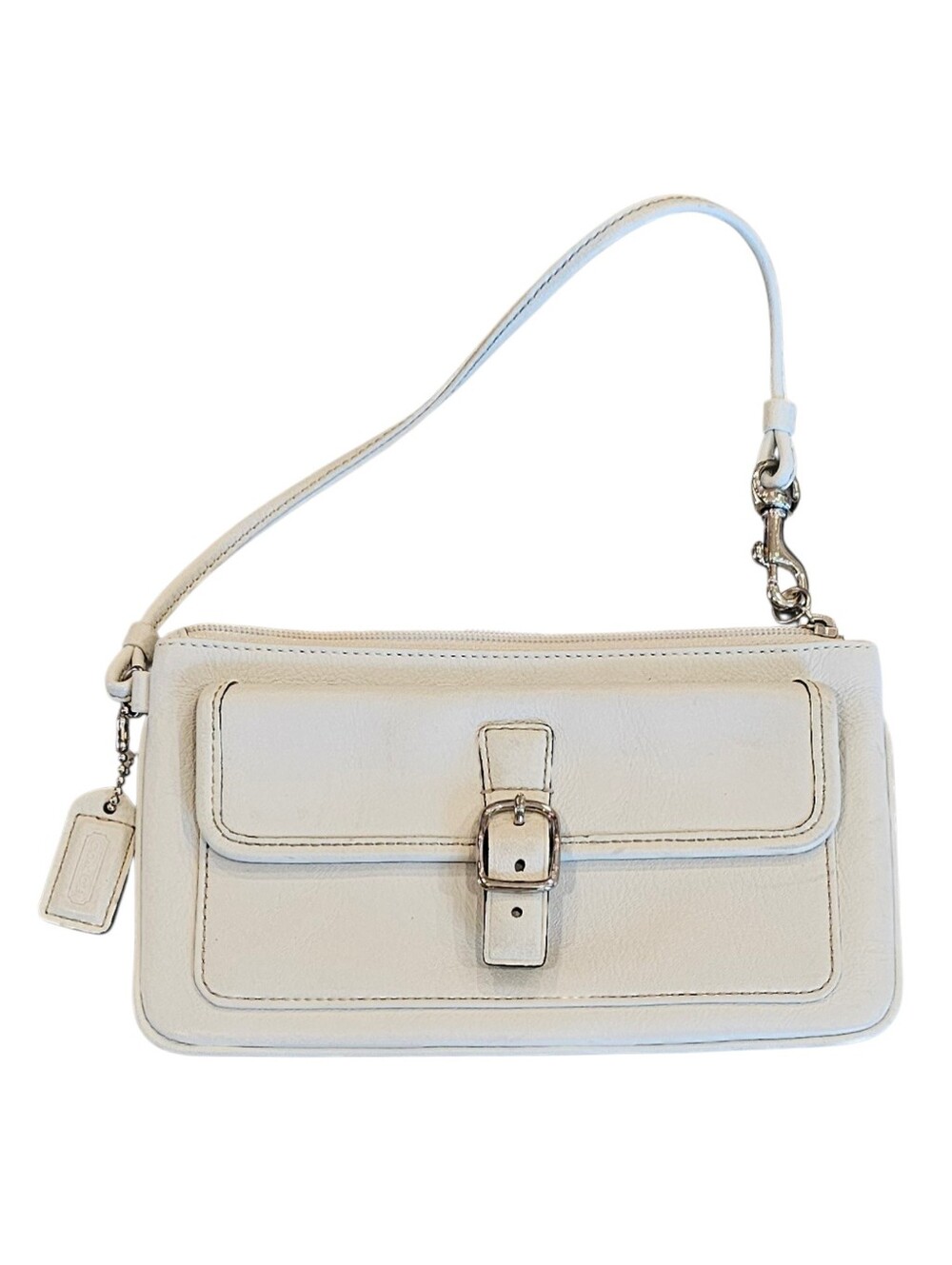 ​VTG Coach Soho White Leather Buckle Flap Wristlet Mini Shoulder Bag Y2K EUC